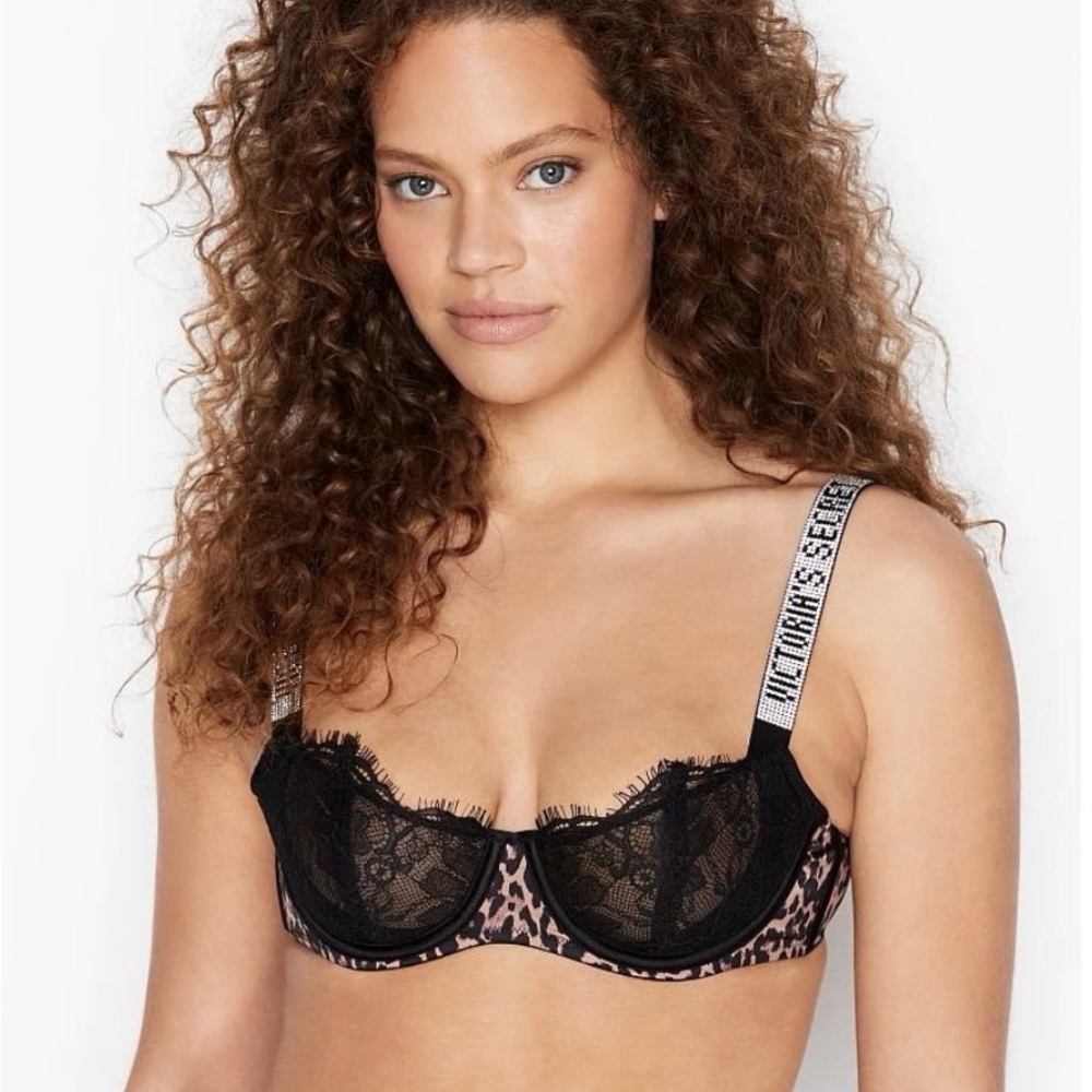 Victoria's Secret Black Lace & Leopard-Print Underwire Bra with Branded Straps